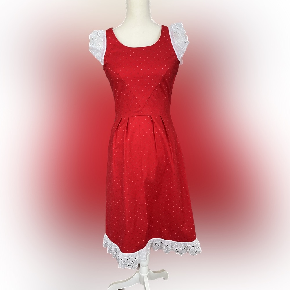 Vintage pin up lace sleeve polka dot fitted dress great condition - Picture 9 of 10